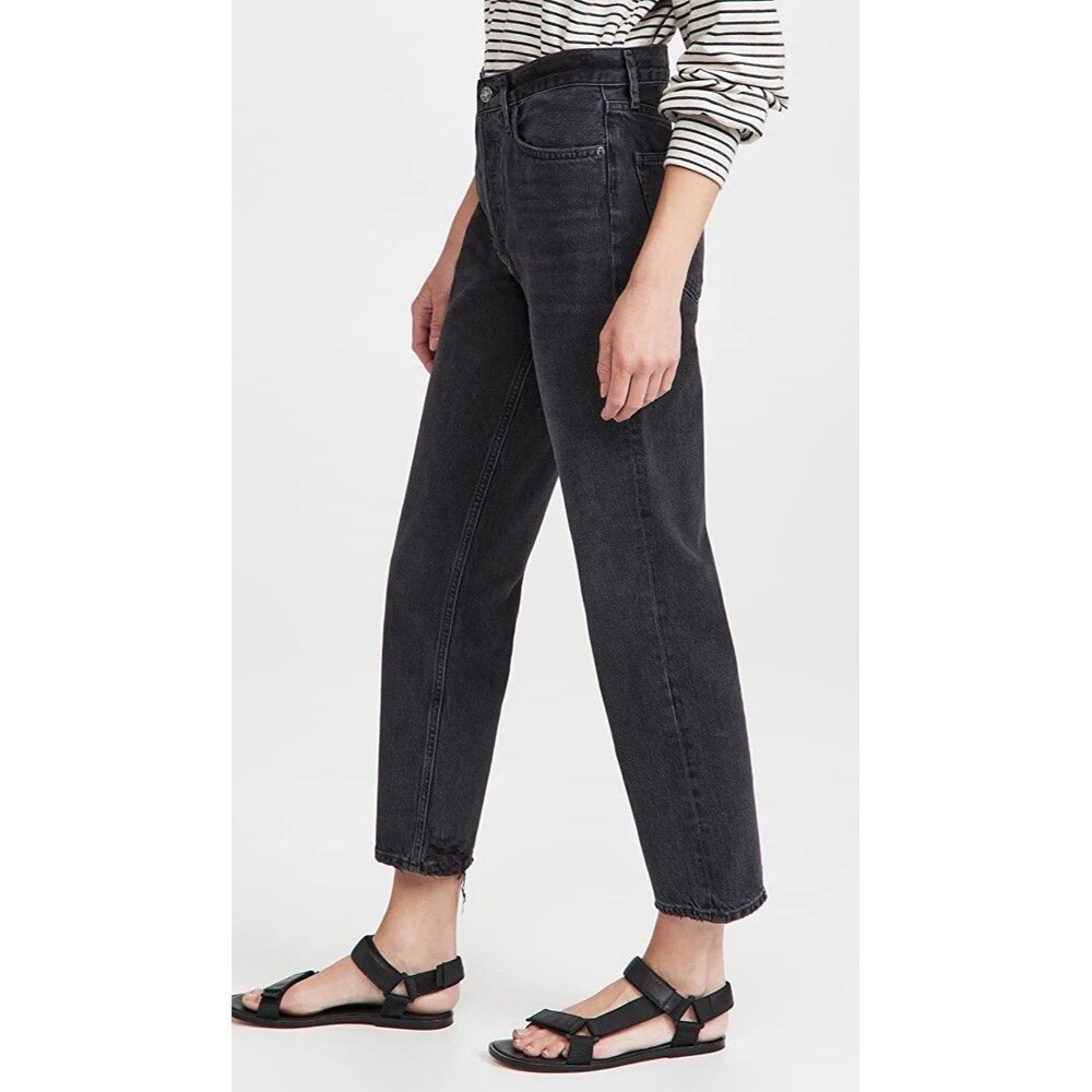 Agolde Jeans Women Size 27 Lana Cropped In Rhyme Black Denim Button Fly Distress - Picture 2 of 16